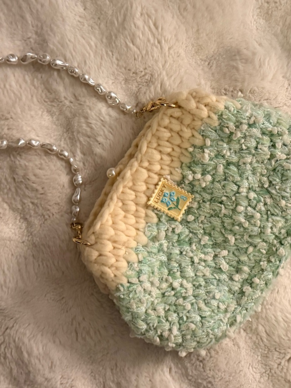 Handmade Mint Green & Cream Knit Pearl-Handle Mini Bag